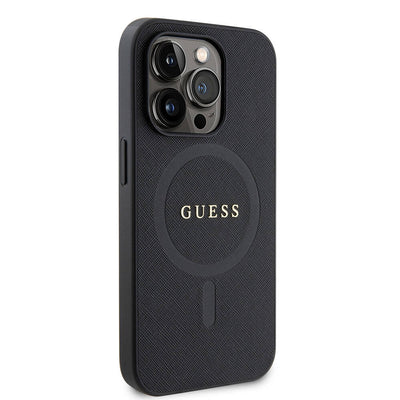 Apple iPhone 14 Pro Max Kılıf Guess Orjinal Lisanslı Magsafe Şarj Özellikli Yazı Logolu Saffiano Kapak Siyah