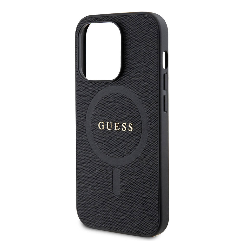 Apple iPhone 14 Pro Max Kılıf Guess Orjinal Lisanslı Magsafe Şarj Özellikli Yazı Logolu Saffiano Kapak Siyah