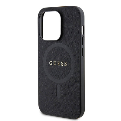 Apple iPhone 14 Pro Max Kılıf Guess Orjinal Lisanslı Magsafe Şarj Özellikli Yazı Logolu Saffiano Kapak Siyah