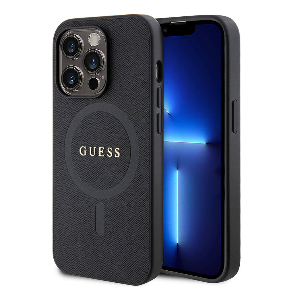Apple iPhone 14 Pro Max Kılıf Guess Orjinal Lisanslı Magsafe Şarj Özellikli Yazı Logolu Saffiano Kapak Siyah
