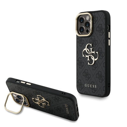iPhone 14 Pro Max Kılıf Guess Orjinal Lisanslı PU Deri 4G Desenli Metal Büyük 4G ve Yazı Logolu Kamera Standlı Kılıf