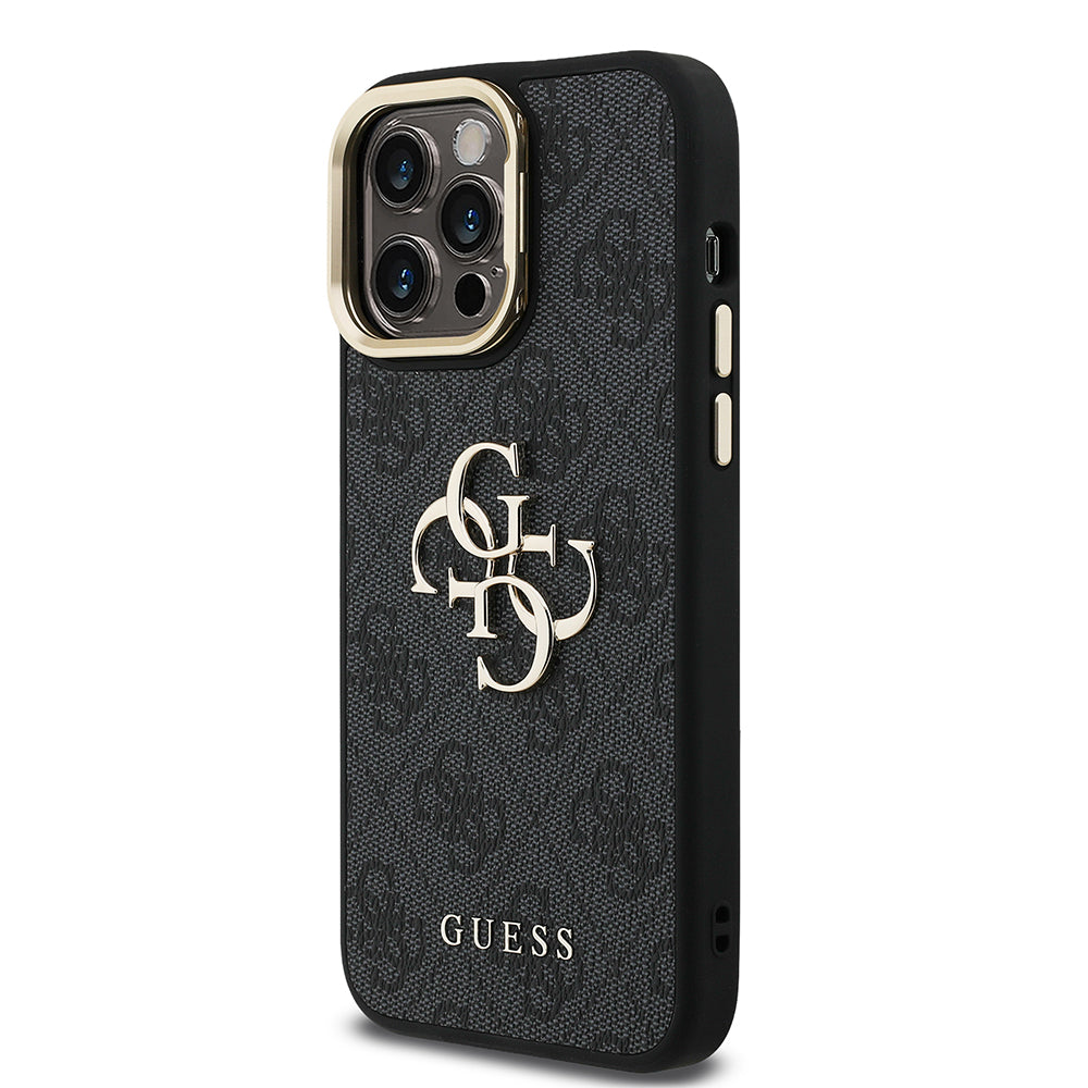 iPhone 14 Pro Max Kılıf Guess Orjinal Lisanslı PU Deri 4G Desenli Metal Büyük 4G ve Yazı Logolu Kamera Standlı Kılıf