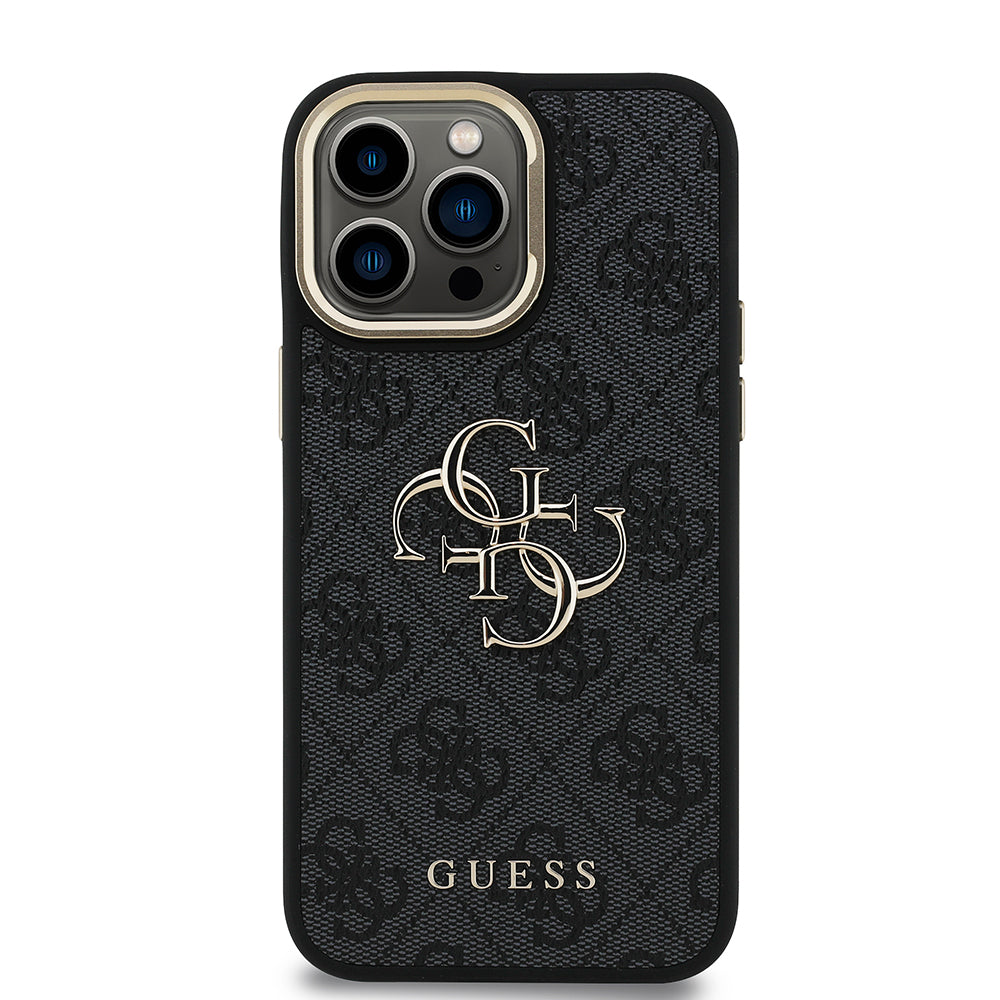 iPhone 14 Pro Max Kılıf Guess Orjinal Lisanslı PU Deri 4G Desenli Metal Büyük 4G ve Yazı Logolu Kamera Standlı Kılıf