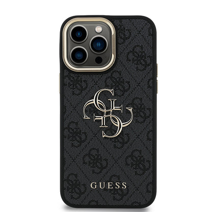 iPhone 14 Pro Max Kılıf Guess Orjinal Lisanslı PU Deri 4G Desenli Metal Büyük 4G ve Yazı Logolu Kamera Standlı Kılıf
