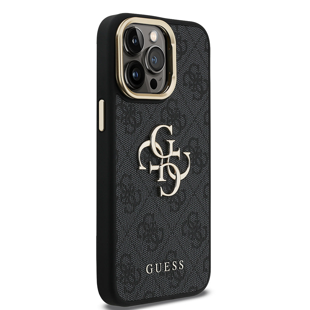 iPhone 14 Pro Max Kılıf Guess Orjinal Lisanslı PU Deri 4G Desenli Metal Büyük 4G ve Yazı Logolu Kamera Standlı Kılıf