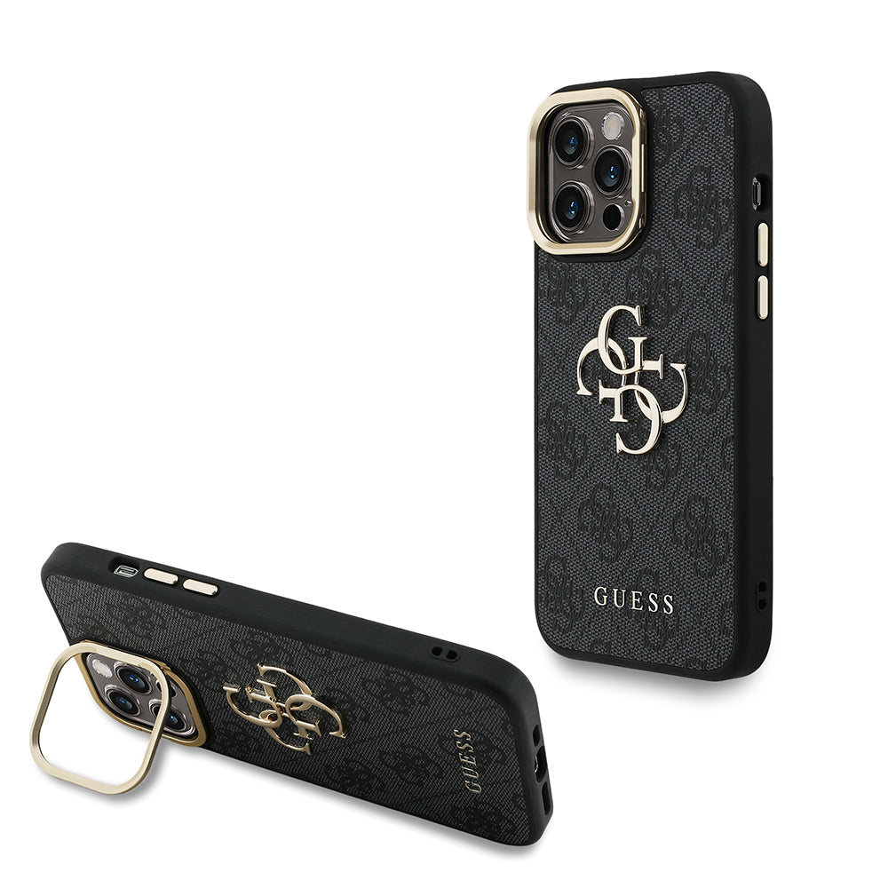iPhone 14 Pro Max Kılıf Guess Orjinal Lisanslı PU Deri 4G Desenli Metal Büyük 4G ve Yazı Logolu Kamera Standlı Kılıf