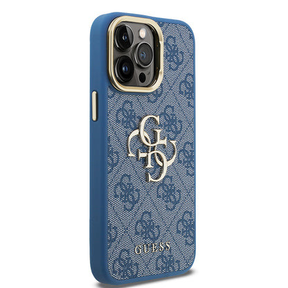 iPhone 14 Pro Max Kılıf Guess Orjinal Lisanslı PU Deri 4G Desenli Metal Büyük 4G ve Yazı Logolu Kamera Standlı Kılıf