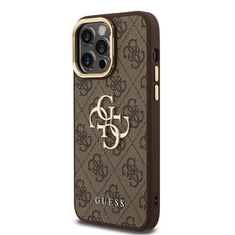 iPhone 14 Pro Max Kılıf Guess Orjinal Lisanslı PU Deri 4G Desenli Metal Büyük 4G ve Yazı Logolu Kamera Standlı Kılıf