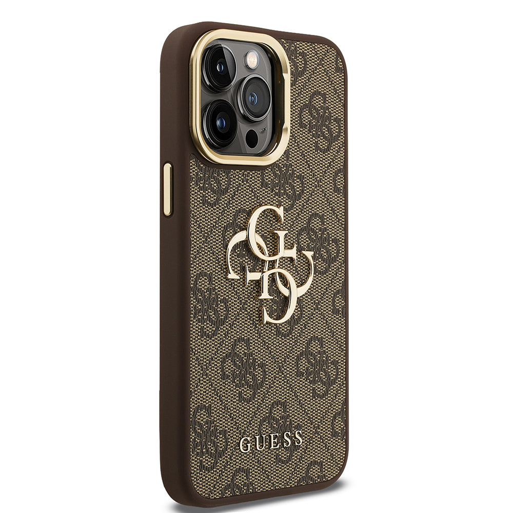 iPhone 14 Pro Max Kılıf Guess Orjinal Lisanslı PU Deri 4G Desenli Metal Büyük 4G ve Yazı Logolu Kamera Standlı Kılıf