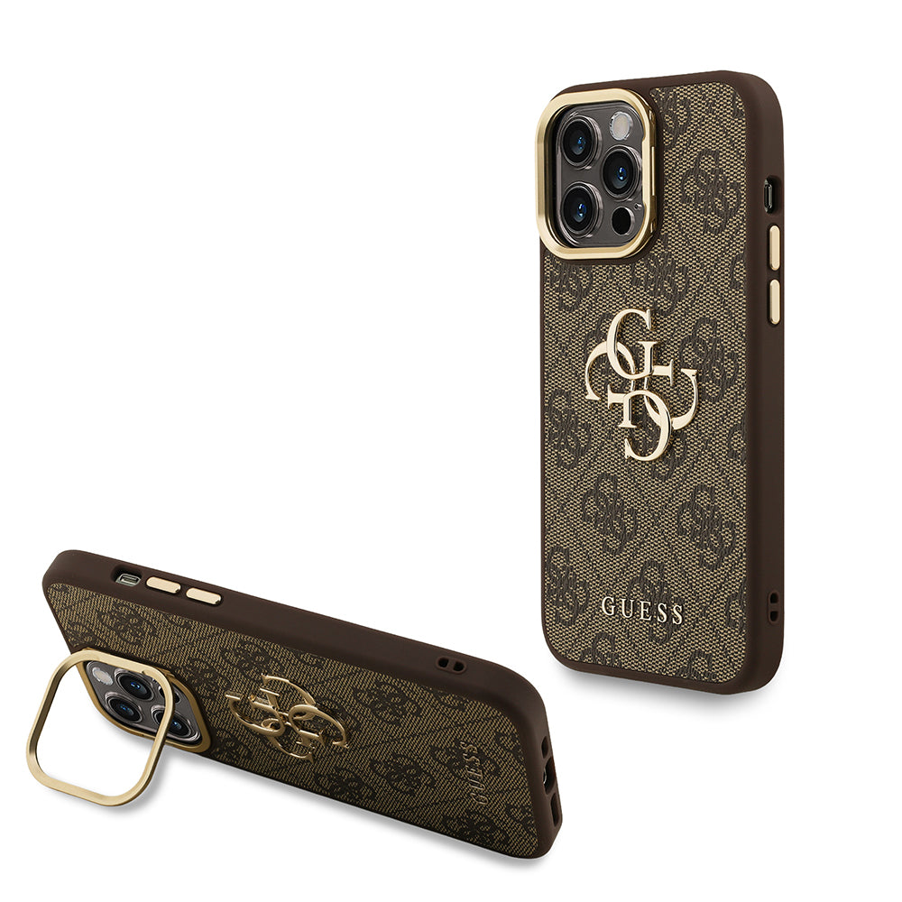 iPhone 14 Pro Max Kılıf Guess Orjinal Lisanslı PU Deri 4G Desenli Metal Büyük 4G ve Yazı Logolu Kamera Standlı Kılıf