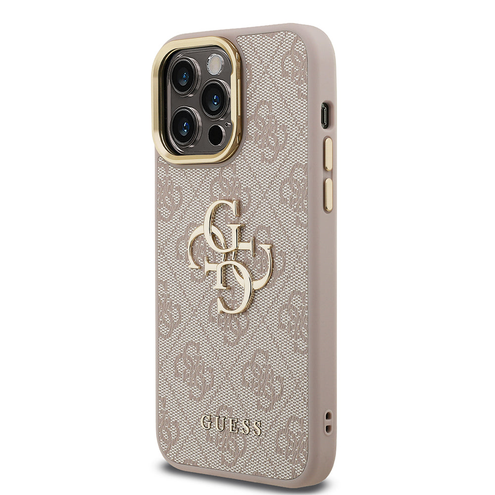 iPhone 14 Pro Max Kılıf Guess Orjinal Lisanslı PU Deri 4G Desenli Metal Büyük 4G ve Yazı Logolu Kamera Standlı Kılıf