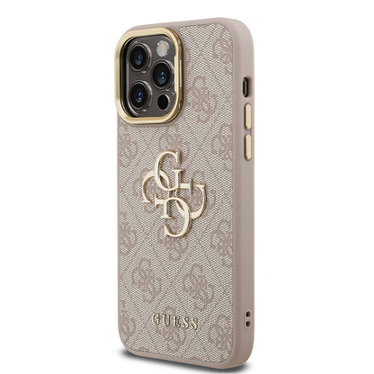 iPhone 14 Pro Max Kılıf Guess Orjinal Lisanslı PU Deri 4G Desenli Metal Büyük 4G ve Yazı Logolu Kamera Standlı Kılıf