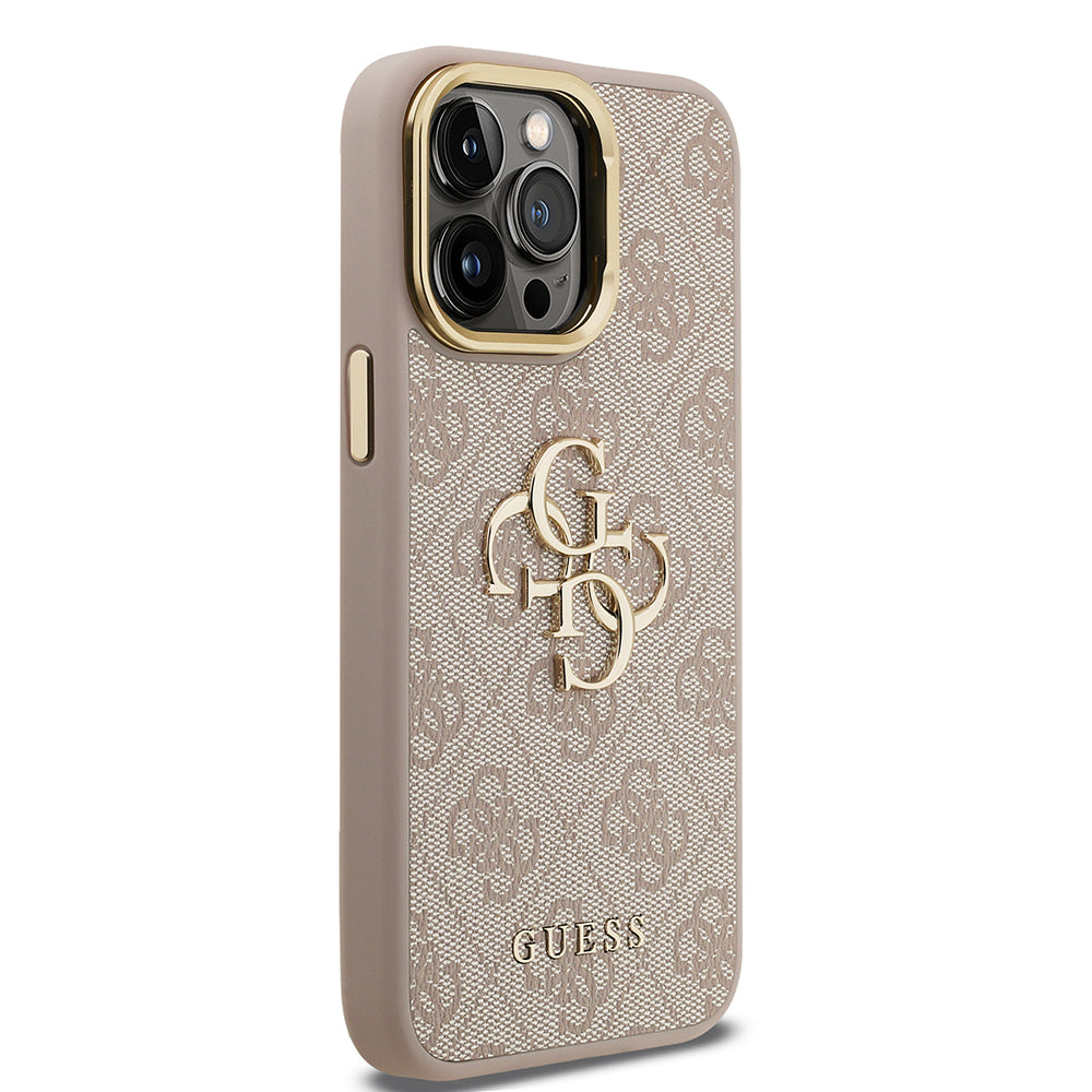 iPhone 14 Pro Max Kılıf Guess Orjinal Lisanslı PU Deri 4G Desenli Metal Büyük 4G ve Yazı Logolu Kamera Standlı Kılıf