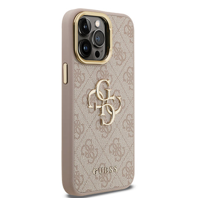 Apple iPhone 14 Pro Max Kılıf Guess Orjinal Lisanslı PU Deri 4G Desenli Metal Büyük 4G ve Yazı Logolu Kamera Standlı Kapak Kahverengi