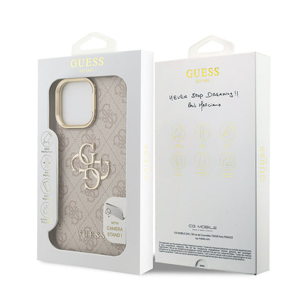 iPhone 14 Pro Max Kılıf Guess Orjinal Lisanslı PU Deri 4G Desenli Metal Büyük 4G ve Yazı Logolu Kamera Standlı Kılıf