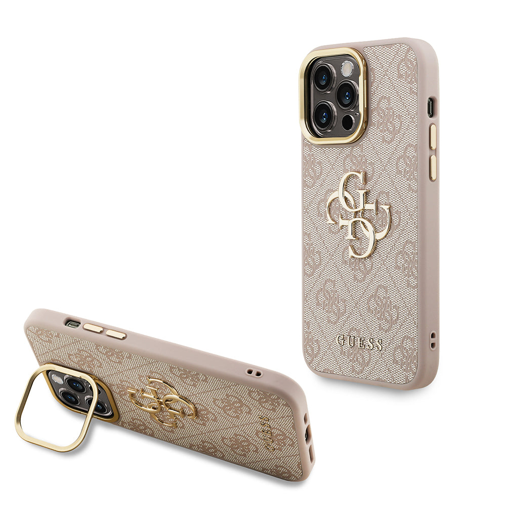 iPhone 14 Pro Max Kılıf Guess Orjinal Lisanslı PU Deri 4G Desenli Metal Büyük 4G ve Yazı Logolu Kamera Standlı Kılıf