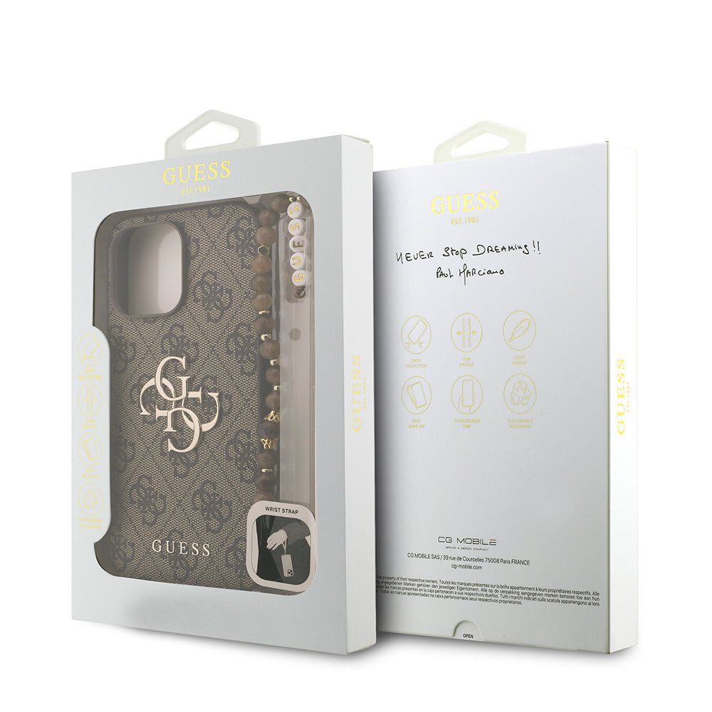 iPhone 14 Pro Max Kılıf Guess Orjinal Lisanslı PU Deri Bilek Askı İpli Metal Büyük 4G ve Yazı Logolu Kılıf