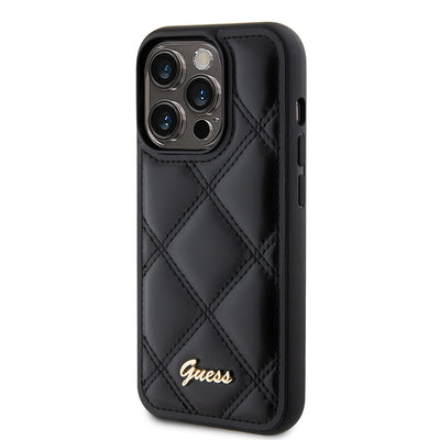 Apple iPhone 14 Pro Max Kılıf Guess Orjinal Lisanslı PU Deri Metal Yazı Logolu Kapitone Kapak Siyah