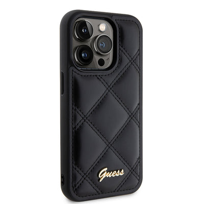 Apple iPhone 14 Pro Max Kılıf Guess Orjinal Lisanslı PU Deri Metal Yazı Logolu Kapitone Kapak Siyah
