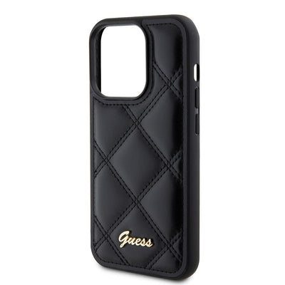 Apple iPhone 14 Pro Max Kılıf Guess Orjinal Lisanslı PU Deri Metal Yazı Logolu Kapitone Kapak Siyah