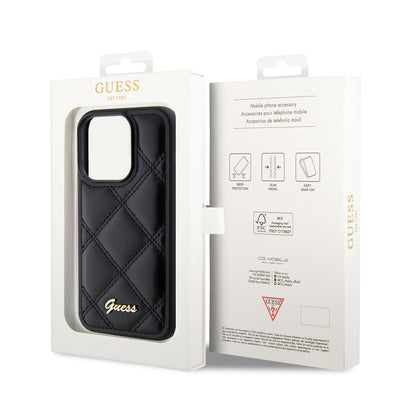 Apple iPhone 14 Pro Max Kılıf Guess Orjinal Lisanslı PU Deri Metal Yazı Logolu Kapitone Kapak Siyah