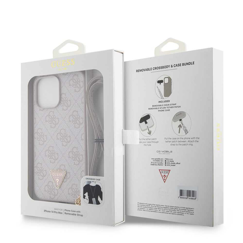 iPhone 14 Pro Max Kılıf Guess Orjinal Lisanslı PU Deri Taşlı Metal Üçgen Logolu Çapraz Vücut Askılı 4G Desenli Kılıf