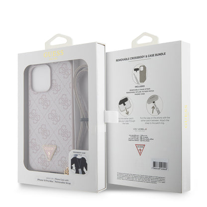 iPhone 14 Pro Max Kılıf Guess Orjinal Lisanslı PU Deri Taşlı Metal Üçgen Logolu Çapraz Vücut Askılı 4G Desenli Kılıf