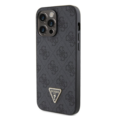 Apple iPhone 14 Pro Max Kılıf Guess Orjinal Lisanslı PU Deri Taşlı Metal Üçgen Logolu Çapraz Vücut Askılı 4G Desenli Kapak Kahverengi