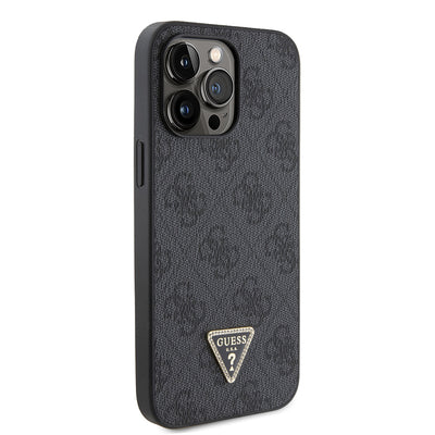 Apple iPhone 14 Pro Max Kılıf Guess Orjinal Lisanslı PU Deri Taşlı Metal Üçgen Logolu Çapraz Vücut Askılı 4G Desenli Kapak Kahverengi