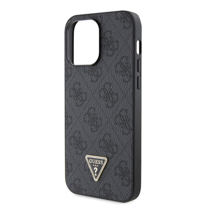 Apple iPhone 14 Pro Max Kılıf Guess Orjinal Lisanslı PU Deri Taşlı Metal Üçgen Logolu Çapraz Vücut Askılı 4G Desenli Kapak Kahverengi