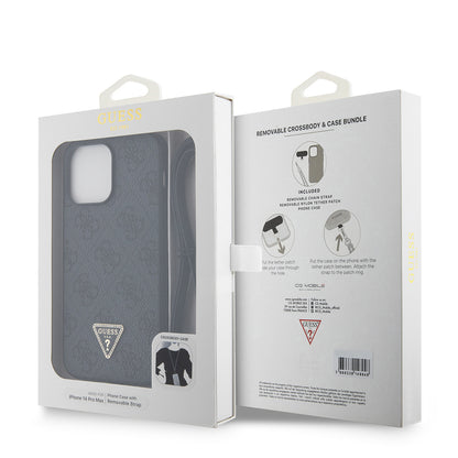 iPhone 14 Pro Max Kılıf Guess Orjinal Lisanslı PU Deri Taşlı Metal Üçgen Logolu Çapraz Vücut Askılı 4G Desenli Kılıf