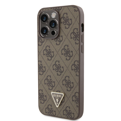 Apple iPhone 14 Pro Max Kılıf Guess Orjinal Lisanslı PU Deri Taşlı Metal Üçgen Logolu Çapraz Vücut Askılı 4G Desenli Kapak Kahverengi