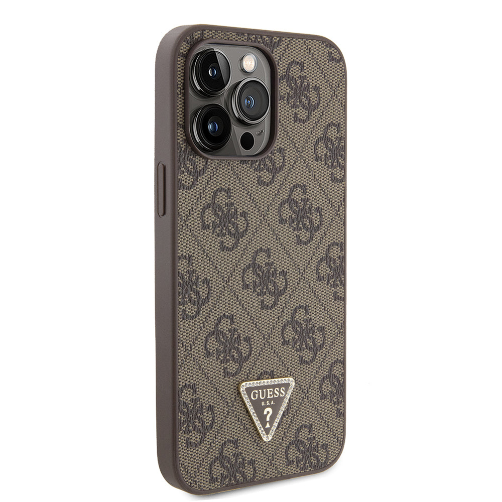 iPhone 14 Pro Max Kılıf Guess Orjinal Lisanslı PU Deri Taşlı Metal Üçgen Logolu Çapraz Vücut Askılı 4G Desenli Kılıf