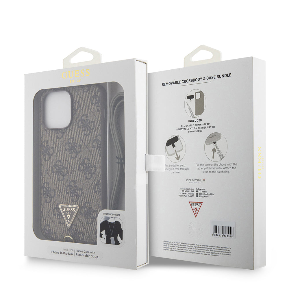 iPhone 14 Pro Max Kılıf Guess Orjinal Lisanslı PU Deri Taşlı Metal Üçgen Logolu Çapraz Vücut Askılı 4G Desenli Kılıf