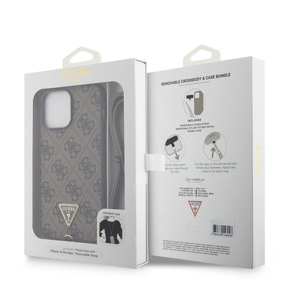 iPhone 14 Pro Max Kılıf Guess Orjinal Lisanslı PU Deri Taşlı Metal Üçgen Logolu Çapraz Vücut Askılı 4G Desenli Kılıf