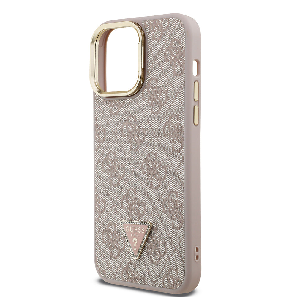 iPhone 14 Pro Max Kılıf Guess Orjinal Lisanslı PU Deri Taşlı Üçgen Logo 4G Desenli Kamera Standlı Kılıf