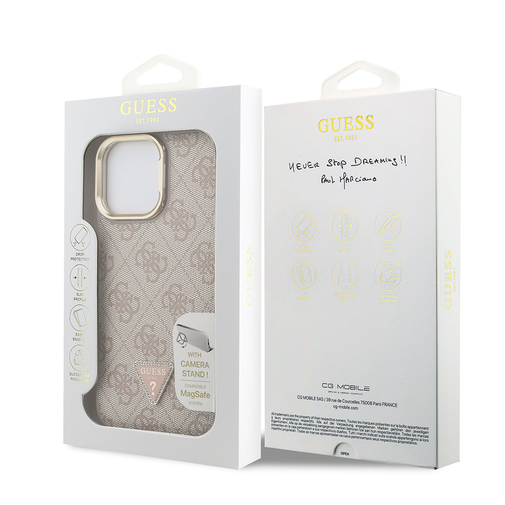 iPhone 14 Pro Max Kılıf Guess Orjinal Lisanslı PU Deri Taşlı Üçgen Logo 4G Desenli Kamera Standlı Kılıf