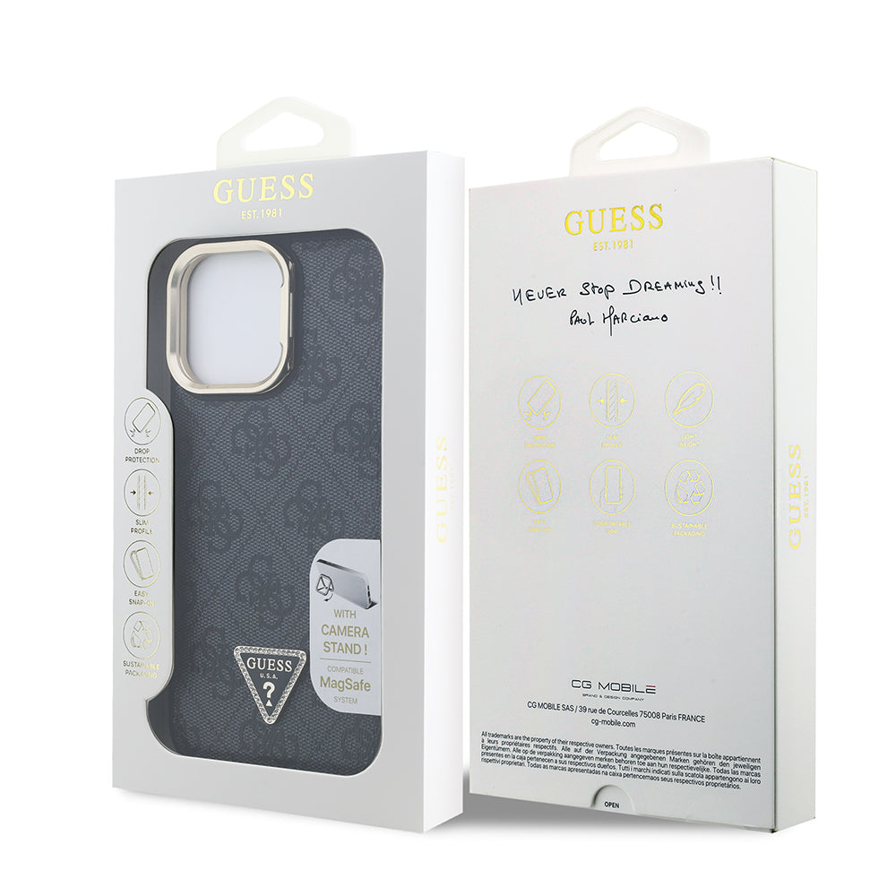 iPhone 14 Pro Max Kılıf Guess Orjinal Lisanslı PU Deri Taşlı Üçgen Logo 4G Desenli Kamera Standlı Kılıf