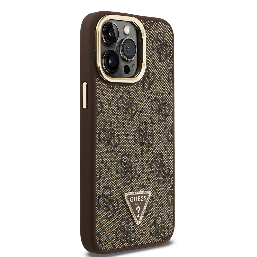 iPhone 14 Pro Max Kılıf Guess Orjinal Lisanslı PU Deri Taşlı Üçgen Logo 4G Desenli Kamera Standlı Kılıf