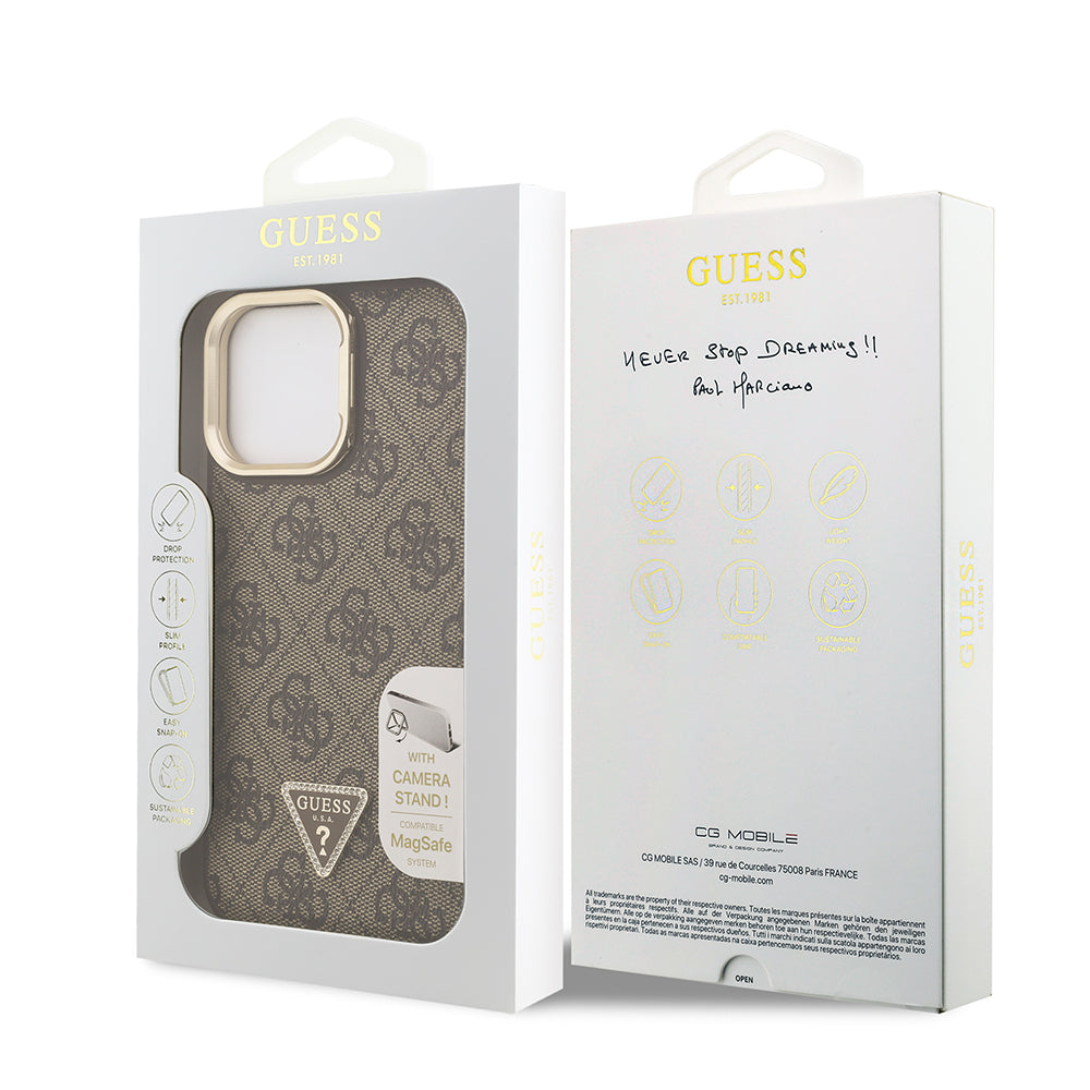 iPhone 14 Pro Max Kılıf Guess Orjinal Lisanslı PU Deri Taşlı Üçgen Logo 4G Desenli Kamera Standlı Kılıf
