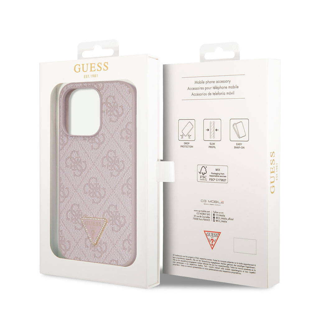 iPhone 14 Pro Max Kılıf Guess Orjinal Lisanslı PU Deri Taşlı Üçgen Logo 4G Desenli Kılıf