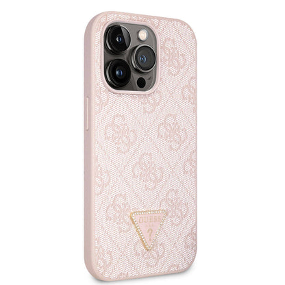 iPhone 14 Pro Max Kılıf Guess Orjinal Lisanslı PU Deri Taşlı Üçgen Logo 4G Desenli Kılıf