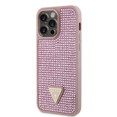 Apple iPhone 14 Pro Max Kılıf Guess Orjinal Lisanslı Taşlı Arka Yüzey Üçgen Logolu Kapak Pembe