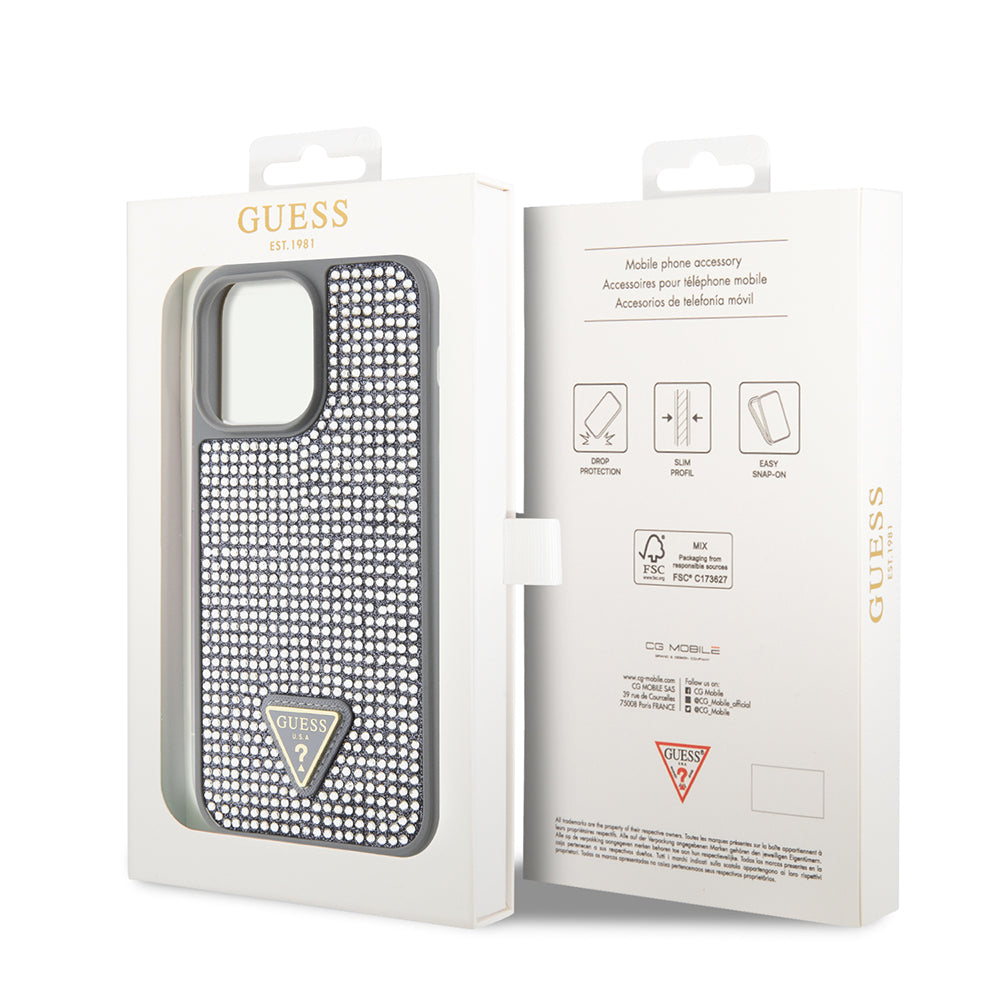 iPhone 14 Pro Max Kılıf Guess Orjinal Lisanslı Taşlı Arka Yüzey Üçgen Logolu Kılıf