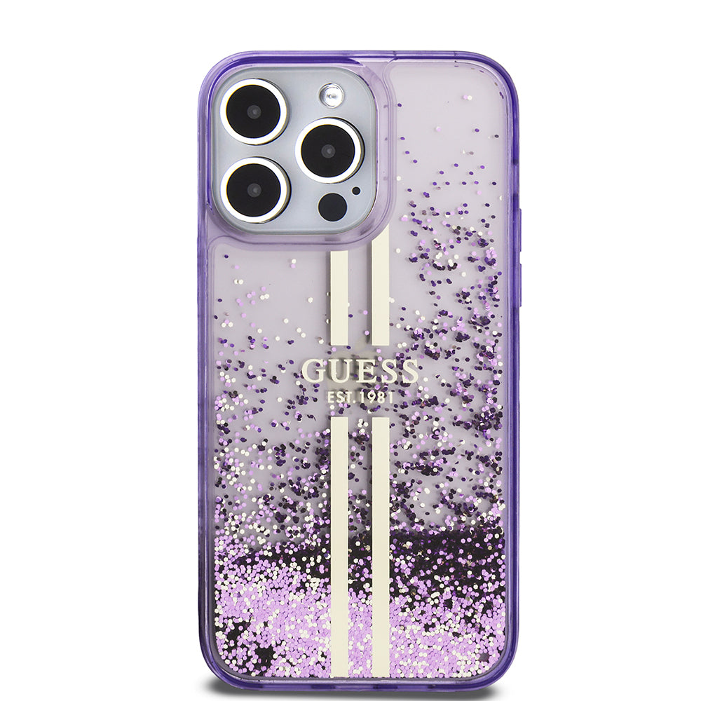 iPhone 14 Pro Max Kılıf Guess Orjinal Lisanslı Transparan Sıvılı Simli Altın Çizgili Kılıf