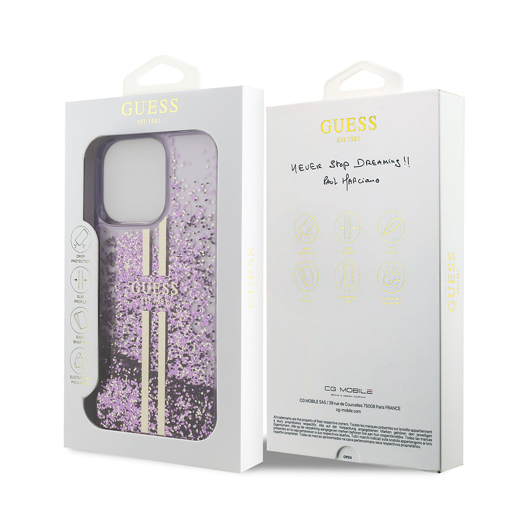 iPhone 14 Pro Max Kılıf Guess Orjinal Lisanslı Transparan Sıvılı Simli Altın Çizgili Kılıf