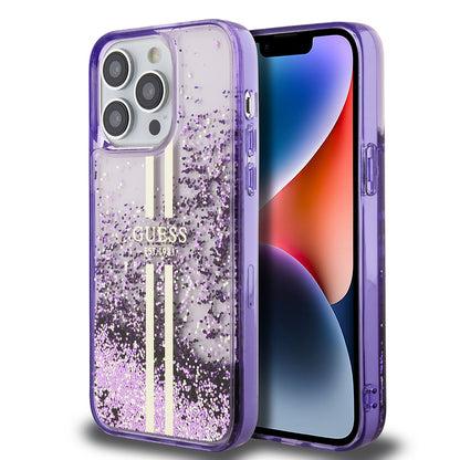 iPhone 14 Pro Max Kılıf Guess Orjinal Lisanslı Transparan Sıvılı Simli Altın Çizgili Kılıf