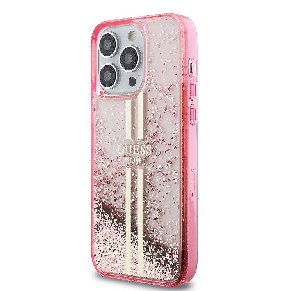 iPhone 14 Pro Max Kılıf Guess Orjinal Lisanslı Transparan Sıvılı Simli Altın Çizgili Kılıf