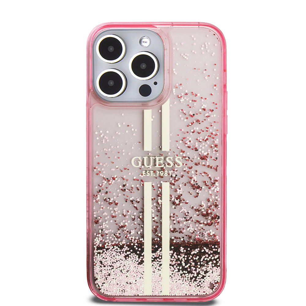 iPhone 14 Pro Max Kılıf Guess Orjinal Lisanslı Transparan Sıvılı Simli Altın Çizgili Kılıf