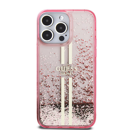 iPhone 14 Pro Max Kılıf Guess Orjinal Lisanslı Transparan Sıvılı Simli Altın Çizgili Kılıf